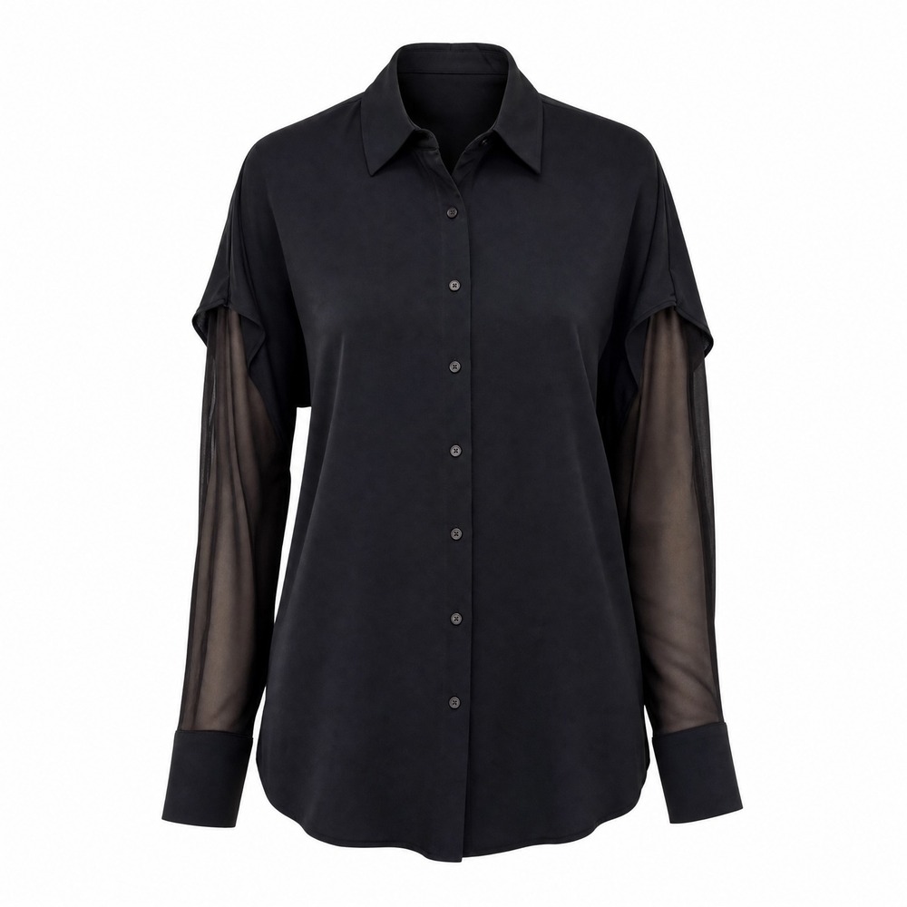 Diane‎ von Furstenberg Silk Blouse M Black Sheer Mesh Sleeve Goth Quiet Luxury